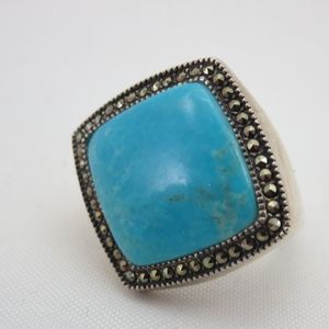 Blue Stone Statement Ring - Silver & Marcasites